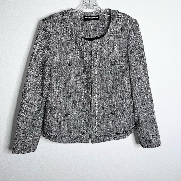 Karl Lagerfeld Blazer Women 12 Tweed Jacket Black White Fringe Trim - Picture 1 of 8
